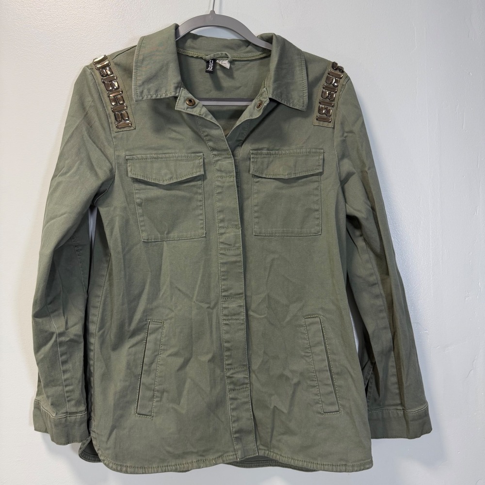 H&M Divided Olive Green Embellished Military Utility Jacket Size 8